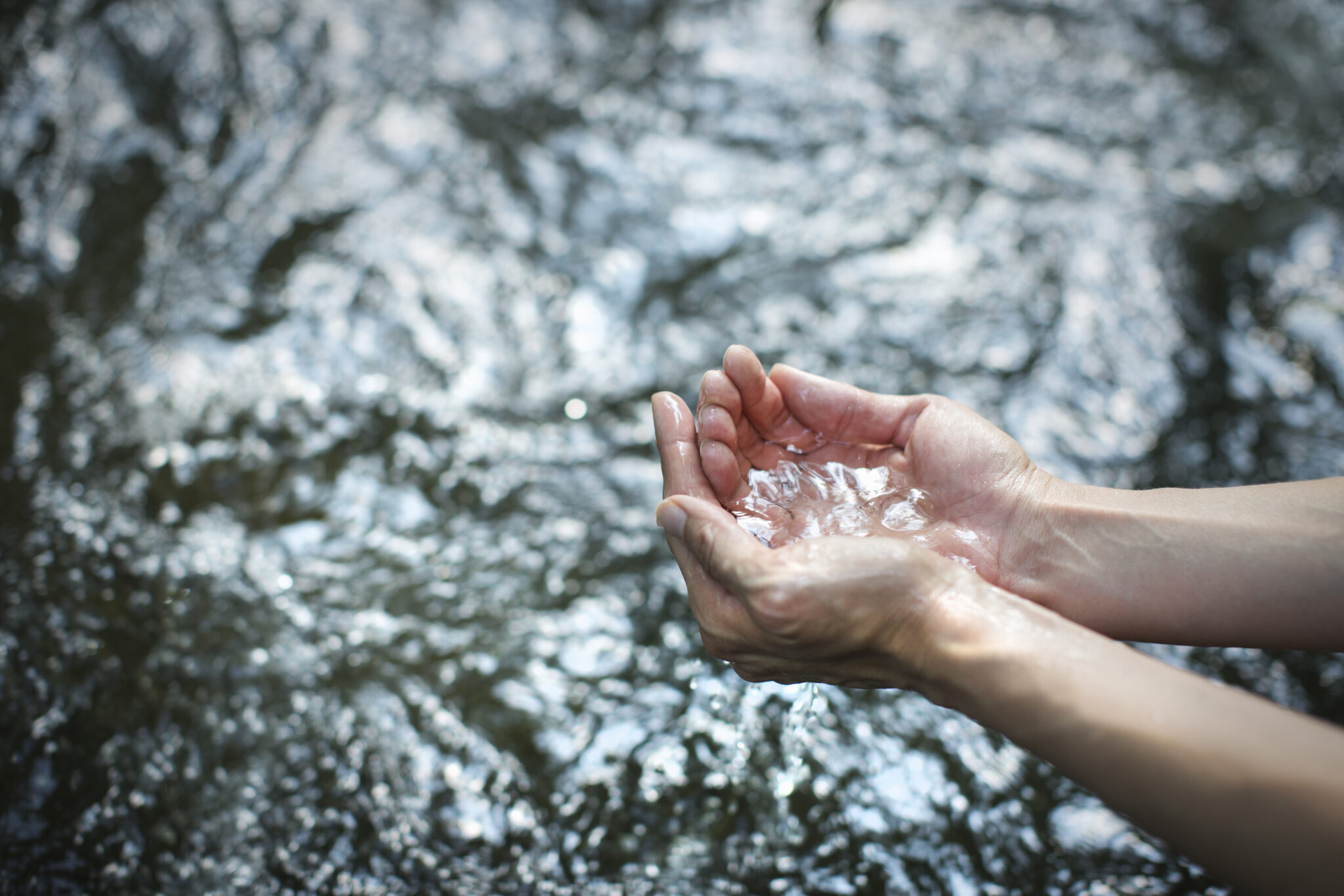 Sauberes Wasser wird mit den Händen aus einem Fluss geschöpft